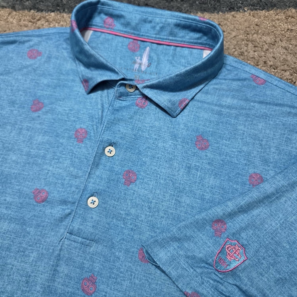johnnie-O Blue Polo with Pink Skull Motif